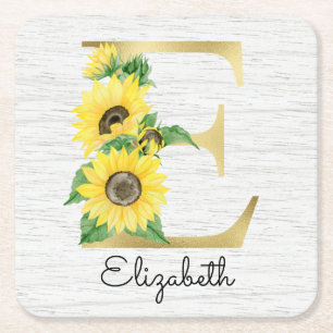 Monogram Gold Sunflower Girly Floral Initial E Rechteckiger Pappuntersetzer