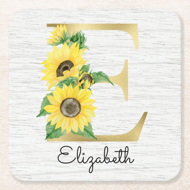 Monogram Gold Sunflower Girly Floral Initial E Rechteckiger Pappuntersetzer (Vorderseite)