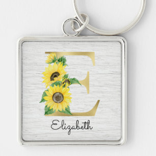 Monogram Gold Sunflower Girly Floral Initial E Schlüsselanhänger