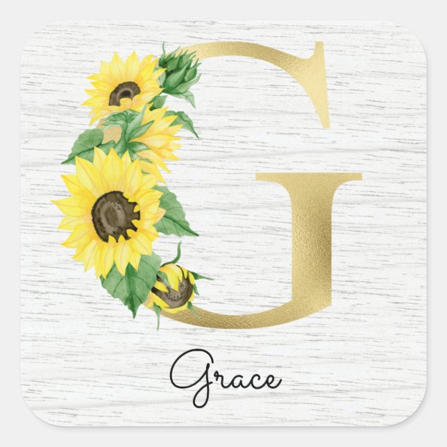 Monogram Gold Sunflower Girly Floral Initial G Quadratischer Aufkleber (Vorderseite)