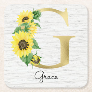 Monogram Gold Sunflower Girly Floral Initial G Rechteckiger Pappuntersetzer