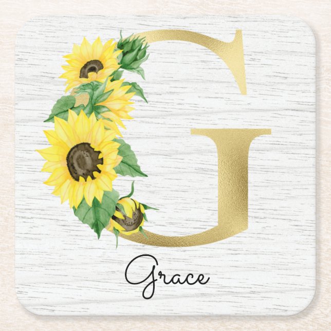 Monogram Gold Sunflower Girly Floral Initial G Rechteckiger Pappuntersetzer (Vorderseite)