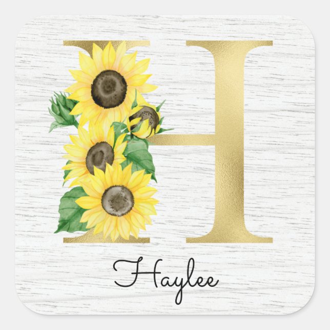 Monogram Gold Sunflower Girly Floral Initial H Quadratischer Aufkleber (Vorderseite)