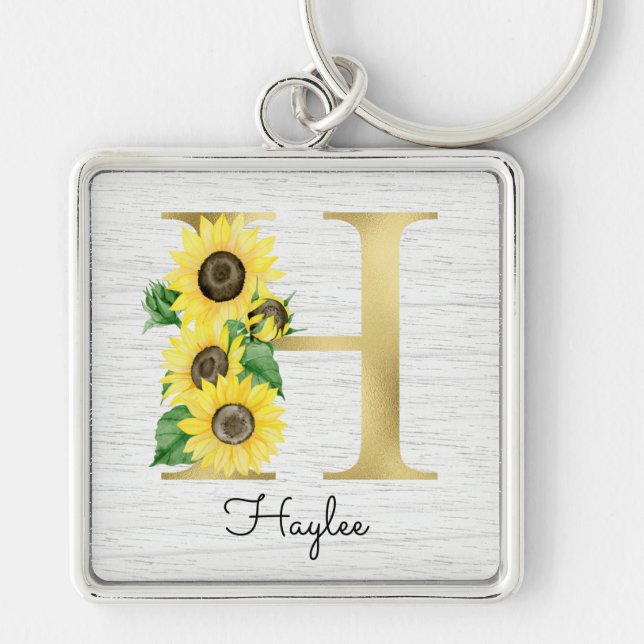 Monogram Gold Sunflower Girly Floral Initial H Schlüsselanhänger (Vorne)