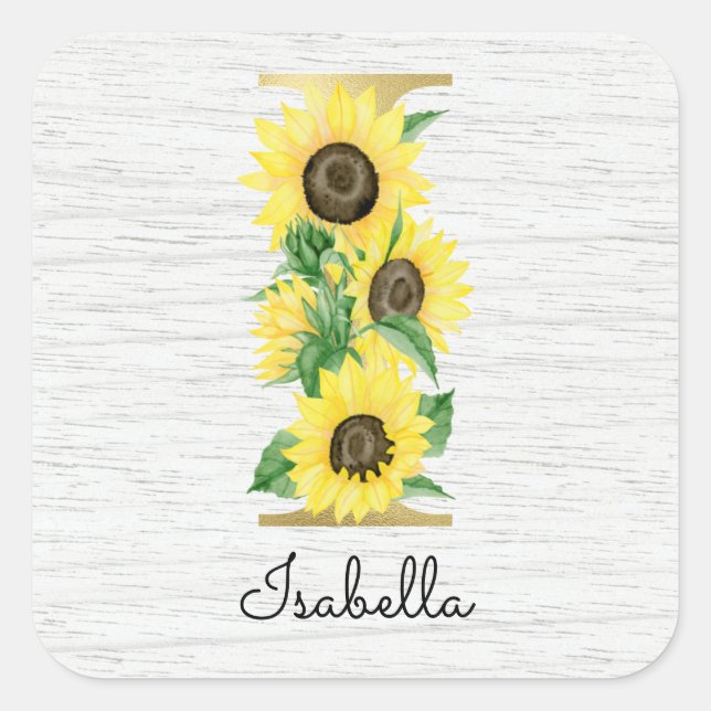 Monogram Gold Sunflower Girly Floral Initial I Quadratischer Aufkleber (Vorderseite)