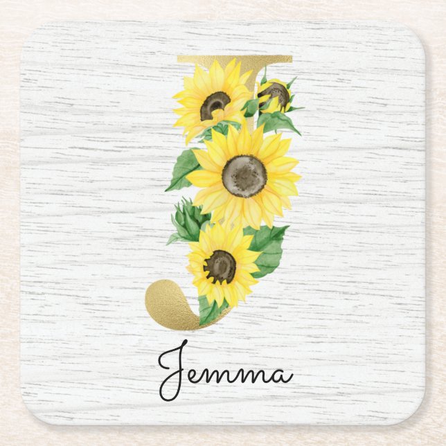 Monogram Gold Sunflower Girly Floral Initial J Rechteckiger Pappuntersetzer (Vorderseite)