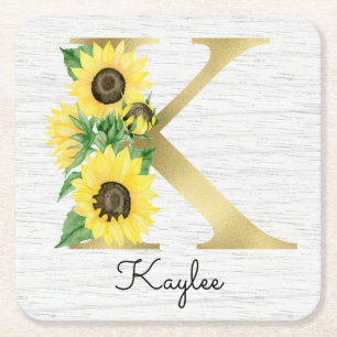 Monogram Gold Sunflower Girly Floral Initial K Rechteckiger Pappuntersetzer