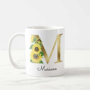 Monogram Gold Sunflower Girly Floral Initial Kaffeetasse