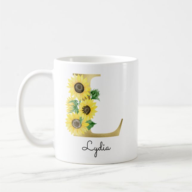 Monogram Gold Sunflower Girly Floral Initial L Kaffeetasse (Links)