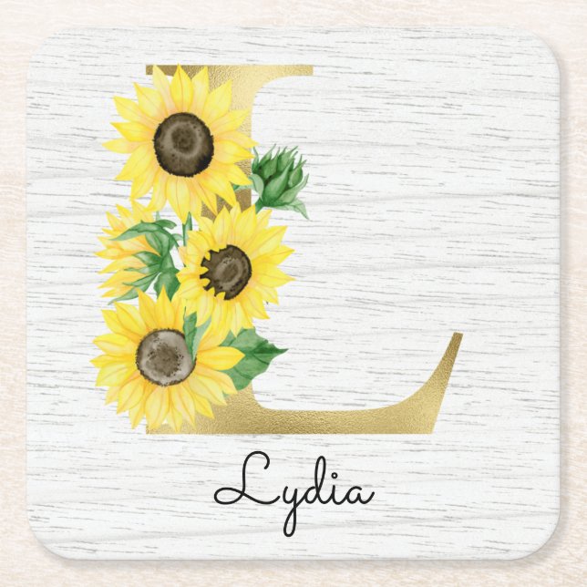 Monogram Gold Sunflower Girly Floral Initial L Rechteckiger Pappuntersetzer (Vorderseite)