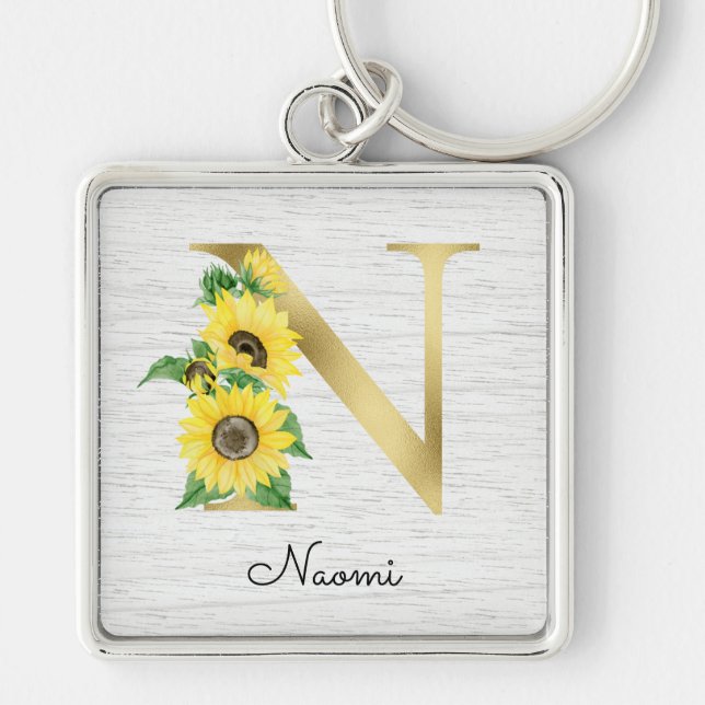 Monogram Gold Sunflower Girly Floral Initial N Schlüsselanhänger (Vorne)