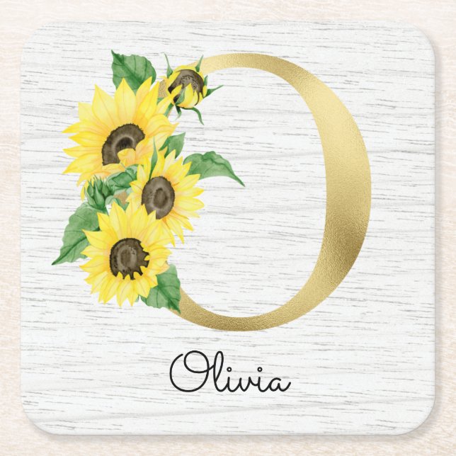 Monogram Gold Sunflower Girly Floral Initial O Rechteckiger Pappuntersetzer (Vorderseite)