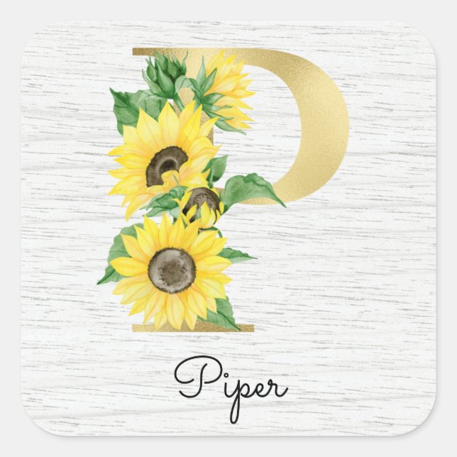 Monogram Gold Sunflower Girly Floral Initial P Quadratischer Aufkleber (Vorderseite)
