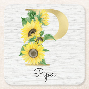 Monogram Gold Sunflower Girly Floral Initial P Rechteckiger Pappuntersetzer