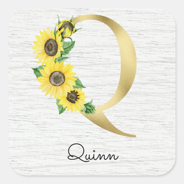 Monogram Gold Sunflower Girly Floral Initial Q Quadratischer Aufkleber (Vorderseite)