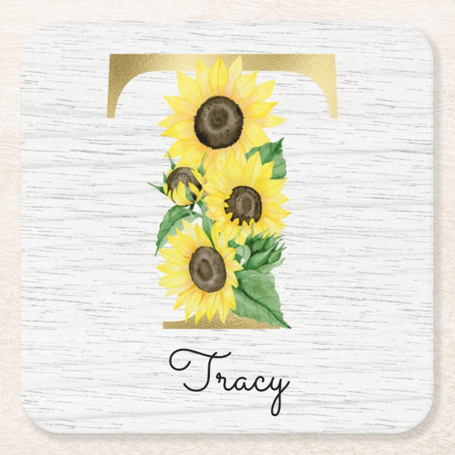 Monogram Gold Sunflower Girly Floral Initial Rechteckiger Pappuntersetzer (Vorderseite)