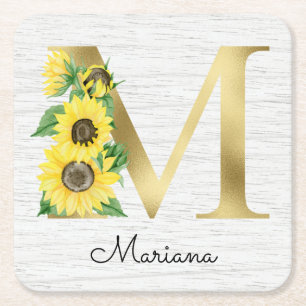 Monogram Gold Sunflower Girly Floral Initial Rechteckiger Pappuntersetzer