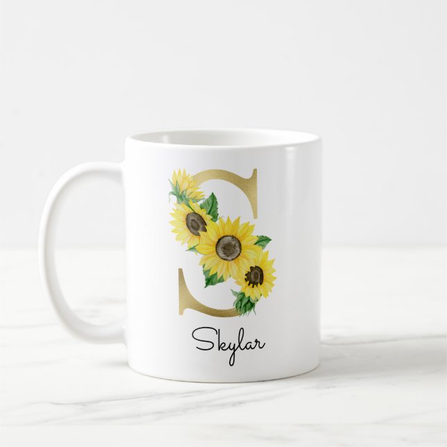 Monogram Gold Sunflower Girly Floral Initial S Kaffeetasse (Links)