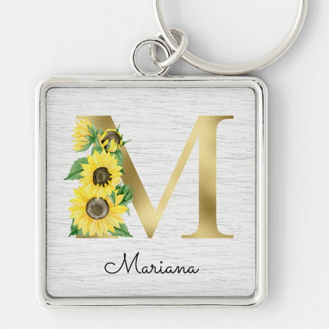 Monogram Gold Sunflower Girly Floral Initial Schlüsselanhänger (Vorne)