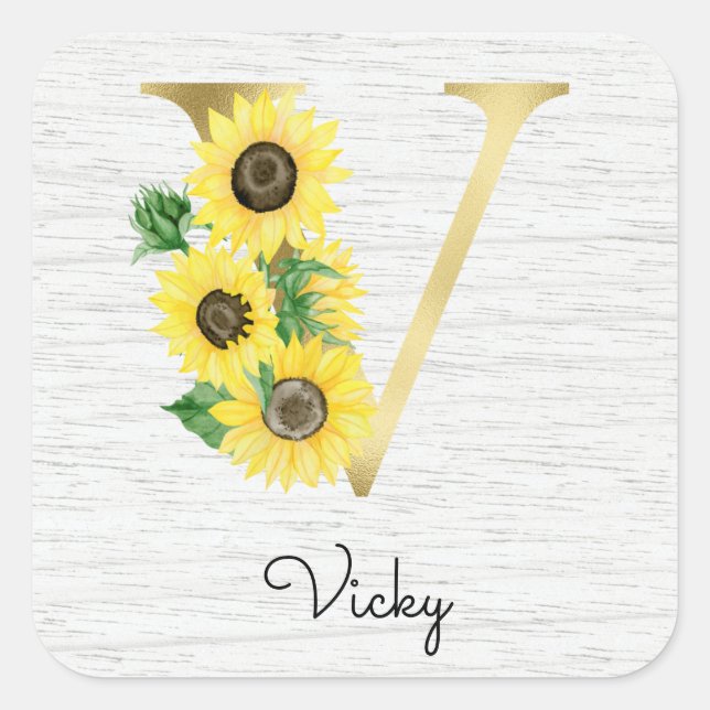 Monogram Gold Sunflower Girly Floral Initial V Quadratischer Aufkleber (Vorderseite)