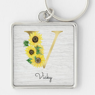 Monogram Gold Sunflower Girly Floral Initial V Schlüsselanhänger