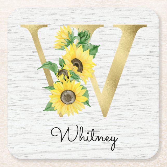Monogram Gold Sunflower Girly Floral Initial W Rechteckiger Pappuntersetzer (Vorderseite)