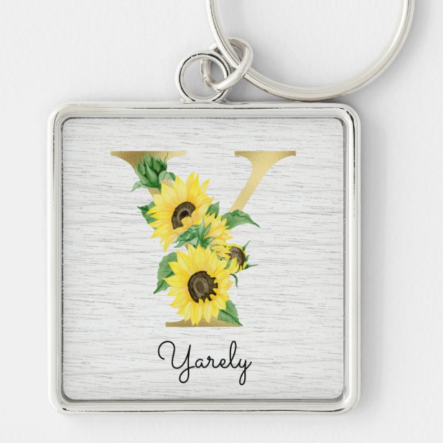 Monogram Gold Sunflower Girly Floral Initial Y Schlüsselanhänger (Vorne)