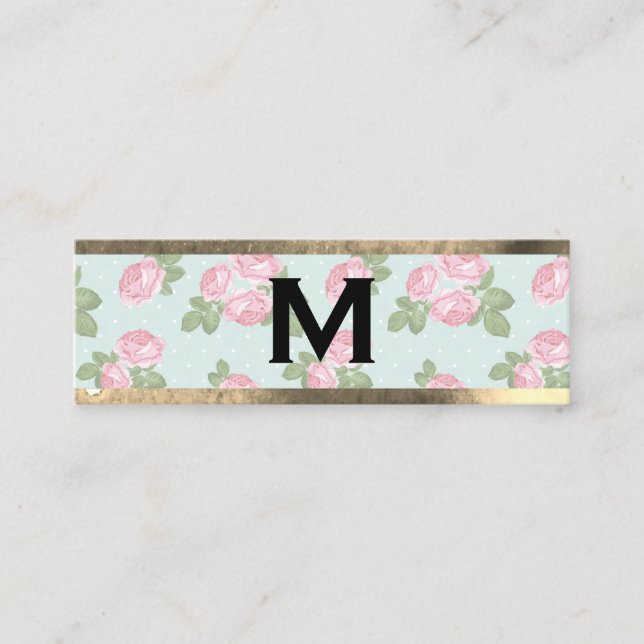 Monogram Gold Trim | Rose und Polka-Punkte Mini Visitenkarte (Vorderseite)