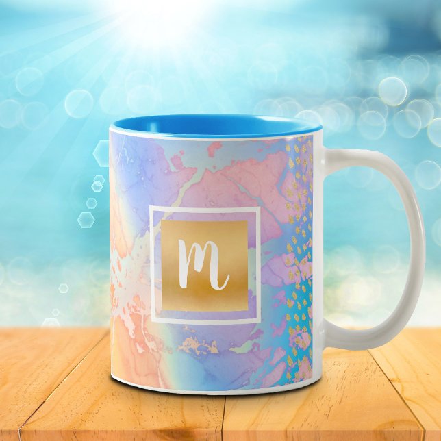 Monogram gold türkis orange lila Aquarellfarbe Zweifarbige Tasse (Von Creator hochgeladen)