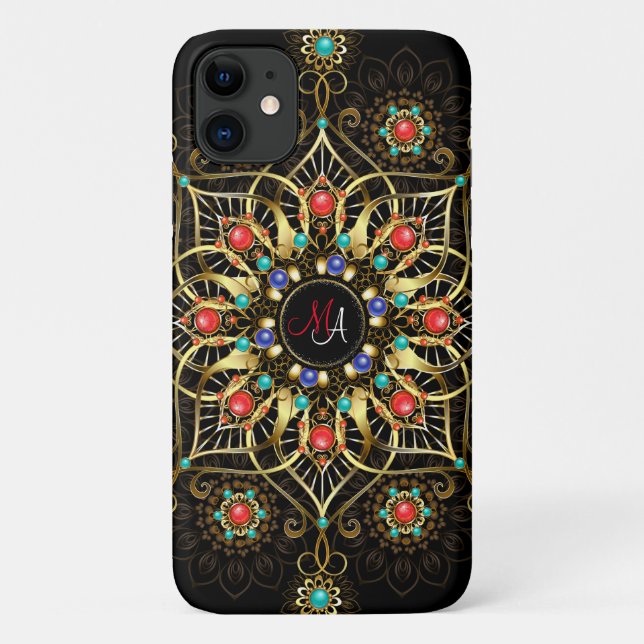 Monogram Gold Turquiose Red Mandala Jewel Case-Mate iPhone Hülle (Rückseite)