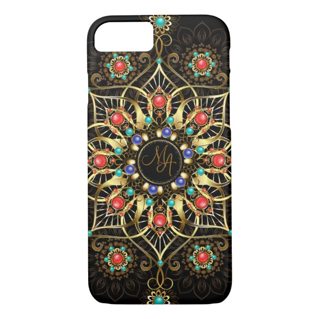 Monogram Gold Turquiose Red Mandala Jewel Case-Mate iPhone Hülle (Rückseite)