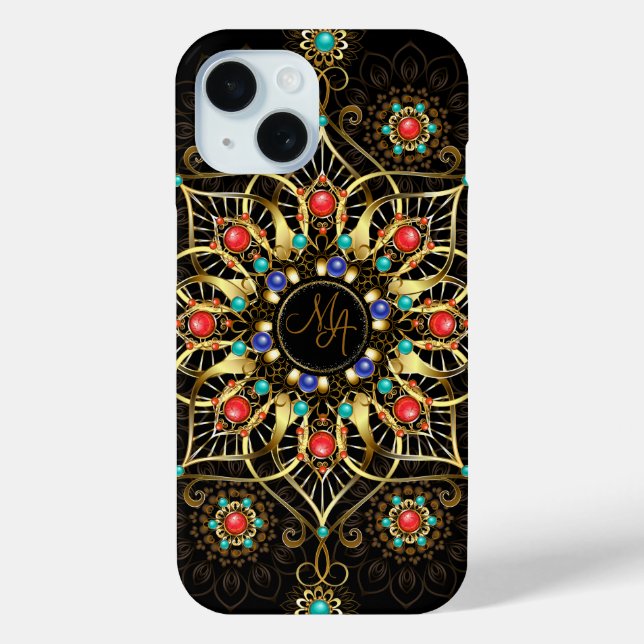 Monogram Gold Turquiose Red Mandala Jewel Case-Mate iPhone Hülle (Rückseite)