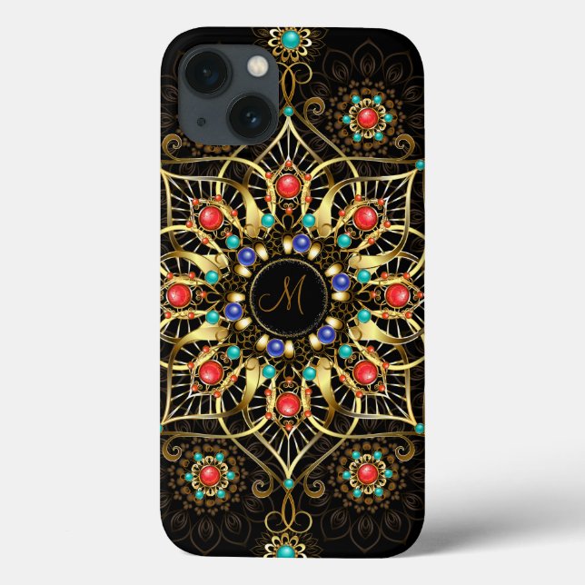 Monogram Gold Turquiose Red Mandala Jewel Case-Mate iPhone Hülle (Rückseite)