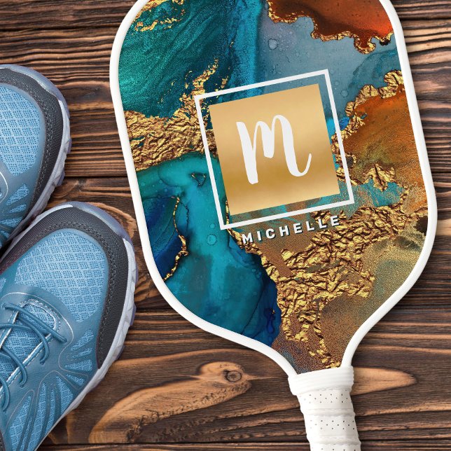 Monogram Gold Turquoise Orange Marmor Wasserfarbe Pickleball Schläger (Von Creator hochgeladen)