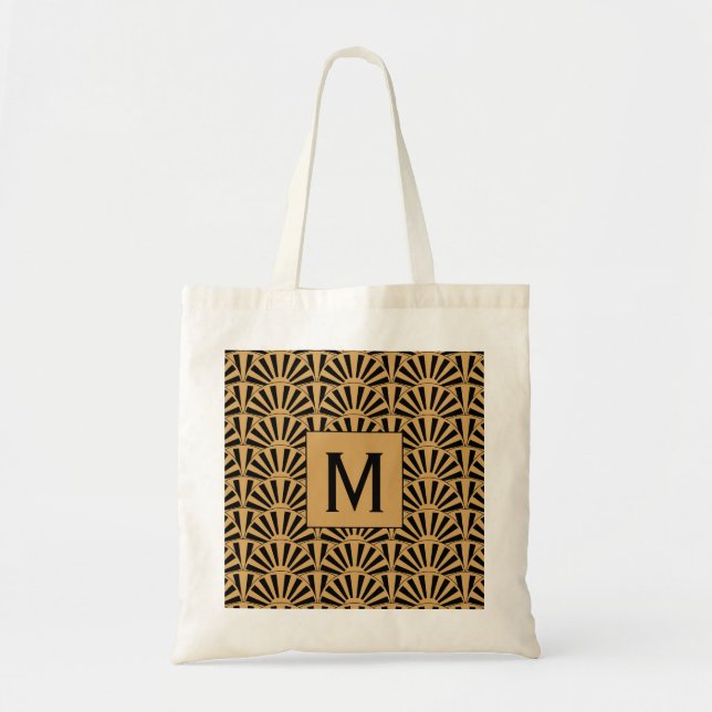 Monogram Gold und Black Art Deco Blume Motif Tragetasche (Vorne)