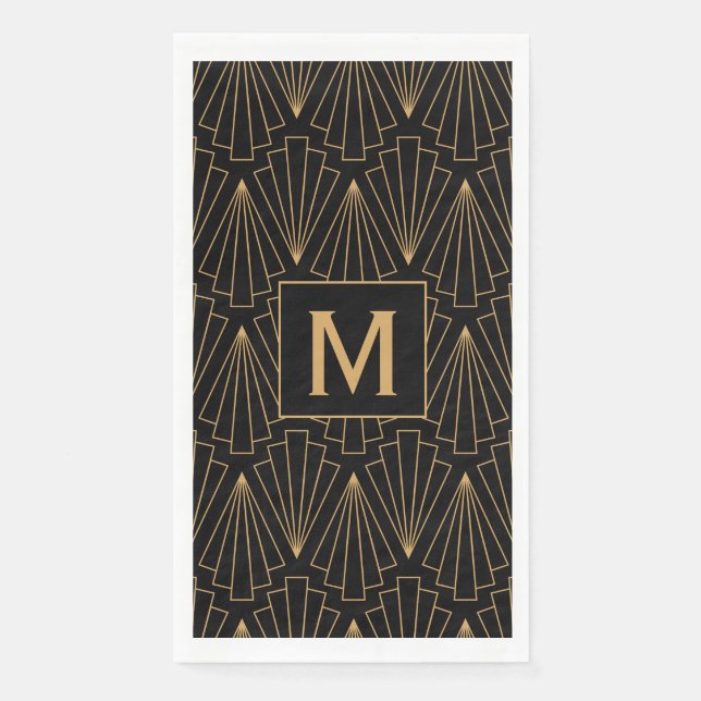 Monogram Gold und Black Art Deco Muster Napkins Serviette (Vorderseite)