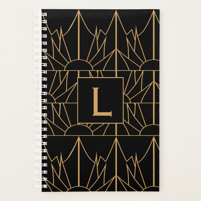 Monogram Gold und Black Art Deco Muster Planer (Vorderseite)