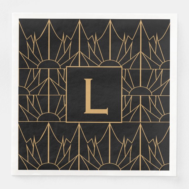 Monogram Gold und Black Art Deco Muster Serviette (Vorderseite)