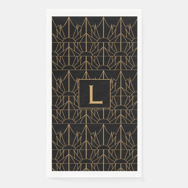 Monogram Gold und Black Art Deco Muster Serviette (Vorderseite)