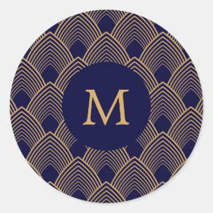 Monogram Gold und Blue Art Deco Muster Runder Aufkleber