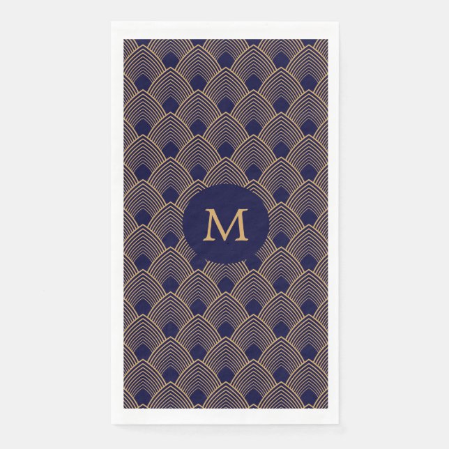 Monogram Gold und Blue Art Deco Muster Serviette (Vorderseite)