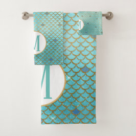 Monogram Gold und Blue Ombre Mermaid Scales Badhandtuch Set