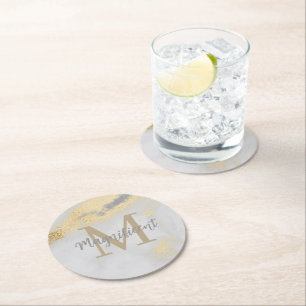 Monogram Gold und Graumarmor Runder Pappuntersetzer