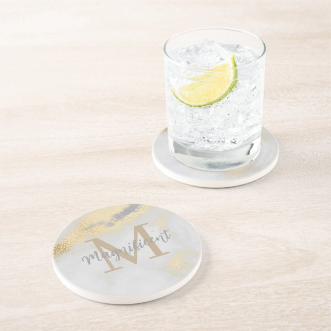 Monogram Gold und Gray Marble Square Getränkeuntersetzer (Seite)