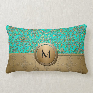 Monogram Gold und Türkis Green Damask Lendenkissen