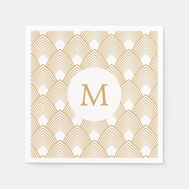 Monogram Gold und White Art Deco Muster Serviette (Vorderseite)