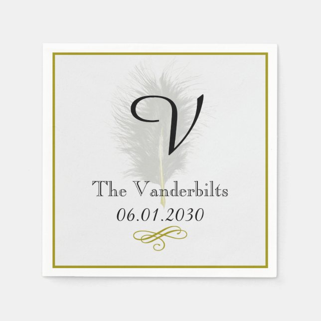 Monogram Gold und White Feather Wedding Napkin Serviette (Vorderseite)
