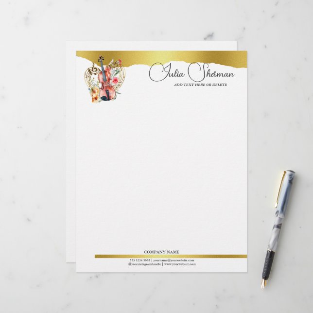 Monogram Gold Violin Modern Script Minimalistisch Briefbogen (Vorderseite/Rückseite Beispiel)