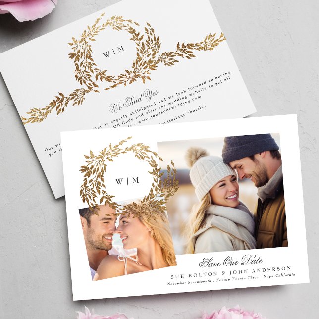 Monogram Gold Wreath Collage Foto Wedding Save The Date (Von Creator hochgeladen)