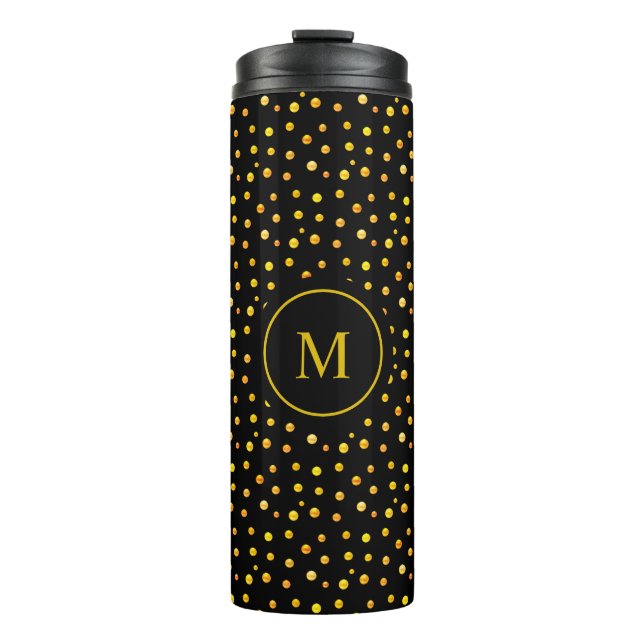 Monogram & Golden Confetti auf schwarz Thermosbecher (Vorderseite)